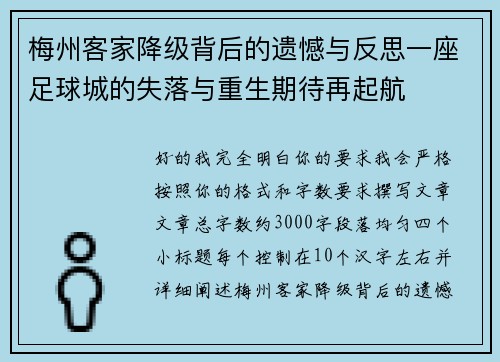 梅州客家降级背后的遗憾与反思一座足球城的失落与重生期待再起航