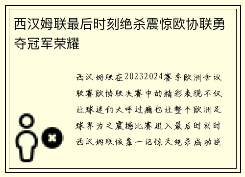 西汉姆联最后时刻绝杀震惊欧协联勇夺冠军荣耀