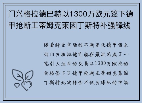 门兴格拉德巴赫以1300万欧元签下德甲抢断王蒂姆克莱因丁斯特补强锋线